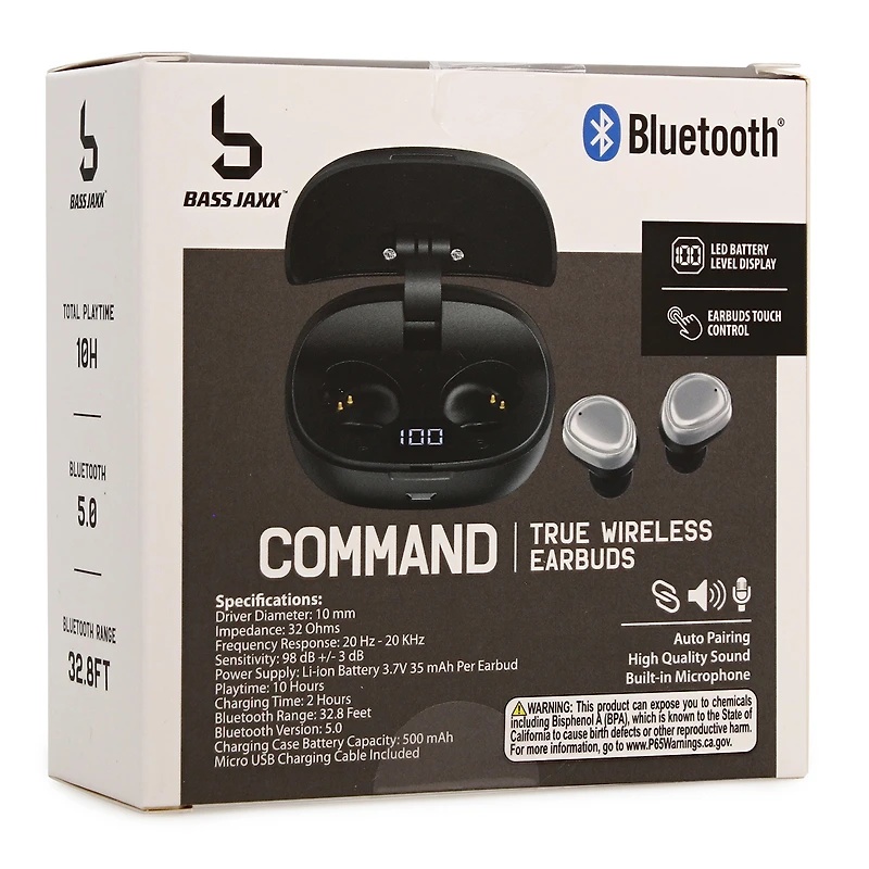 command bluetooth® earbuds with mic & LED display