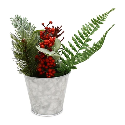 10in winter greenery in galvanized metal pot