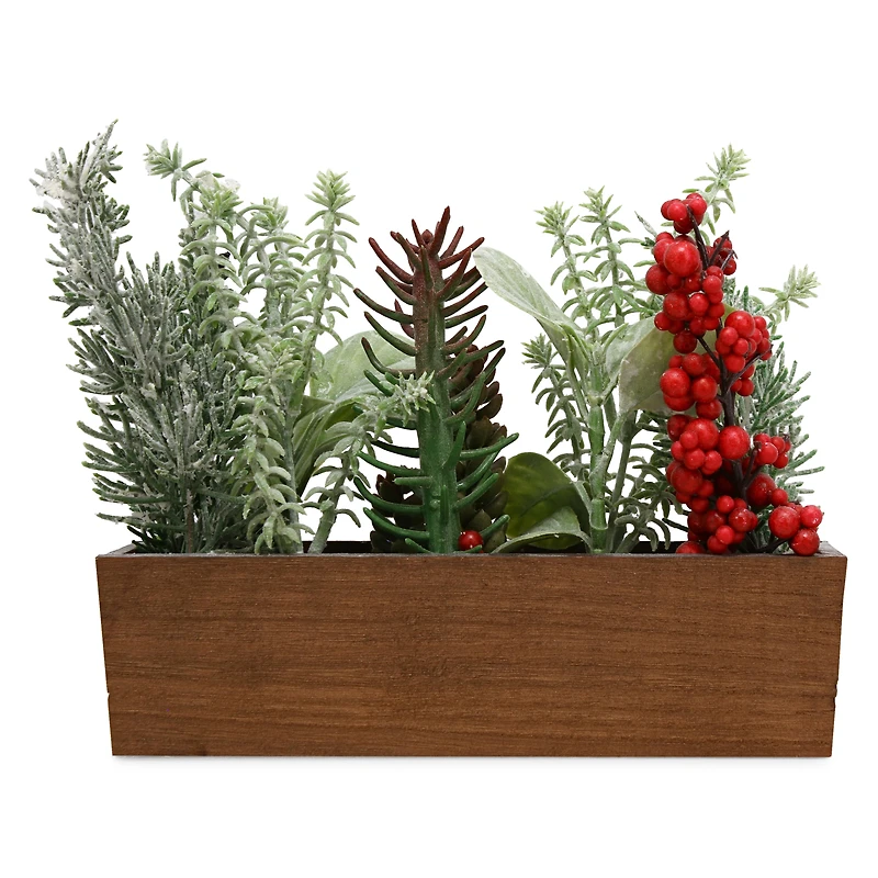 8in faux evergreen plants in wooden planter