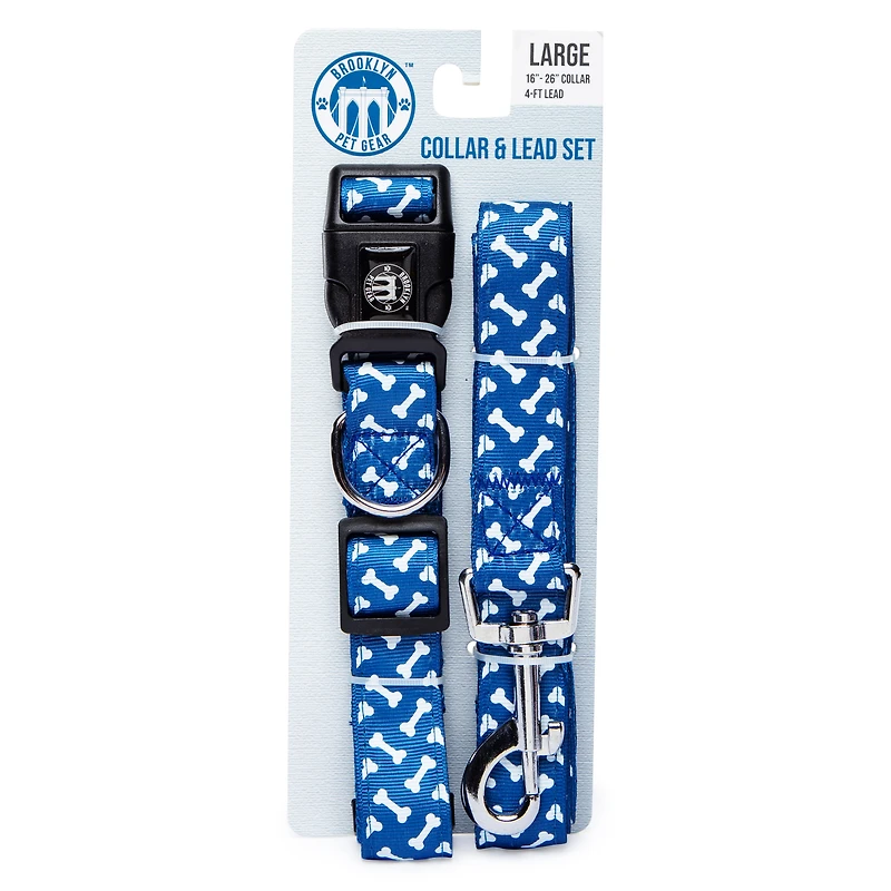 dog bone printed collar & leash set, large