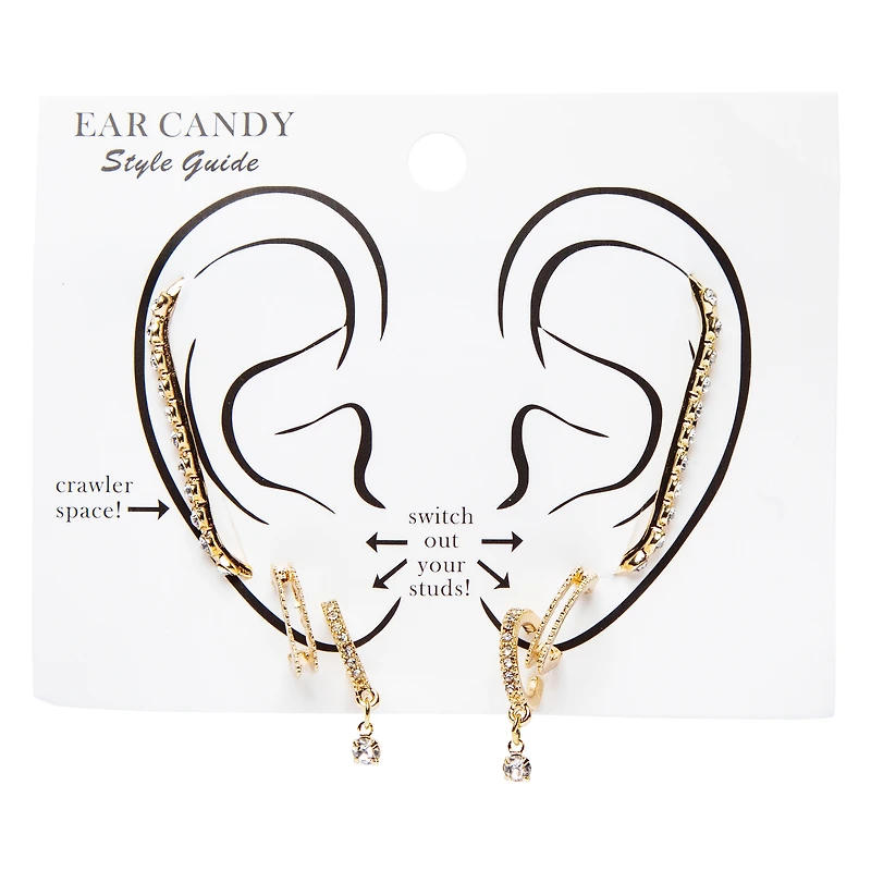 rhinestone & gold huggie earrings set