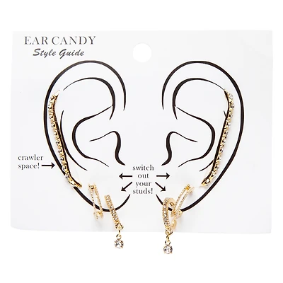 rhinestone & gold huggie earrings set