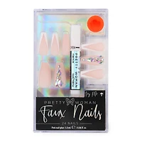 pretty woman faux nails 24-piece with glue - pink & rhinestone