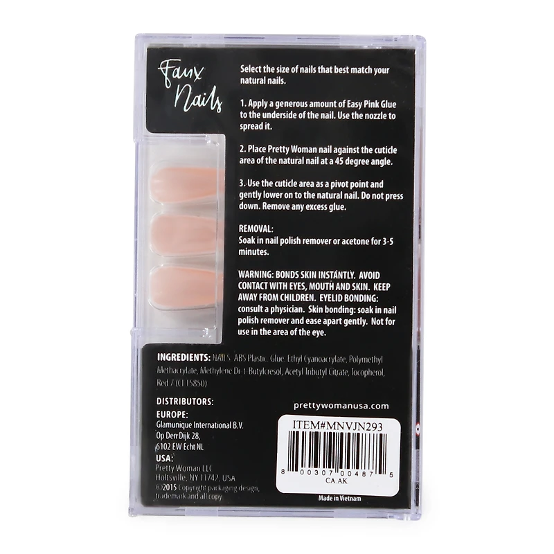 pretty woman faux nails 24-piece with glue - pink & rhinestone