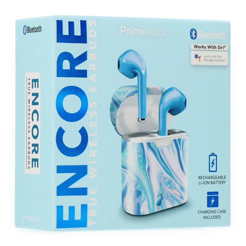 encore bluetooth® earbuds with microphone & pattern case - blue marble