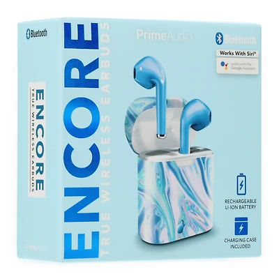 encore bluetooth® earbuds with microphone & pattern case - blue marble