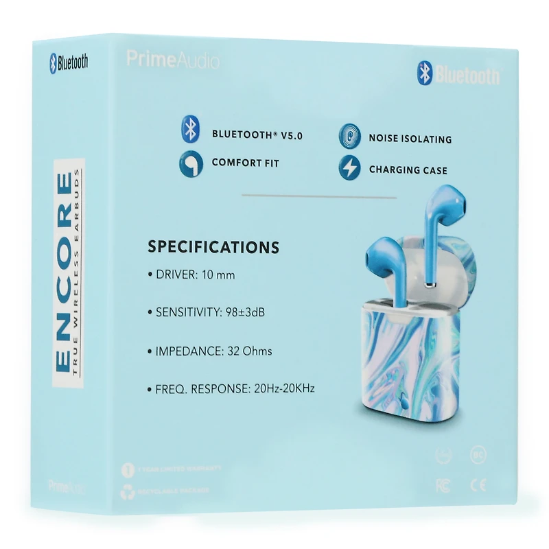 encore bluetooth® earbuds with microphone & pattern case - blue marble