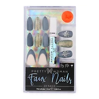pretty woman faux nails 24-piece with glue - gold & gray