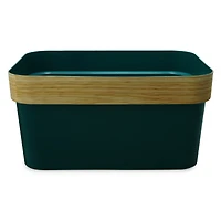 small white storage bin with woodgrain stripe 10in x 7in