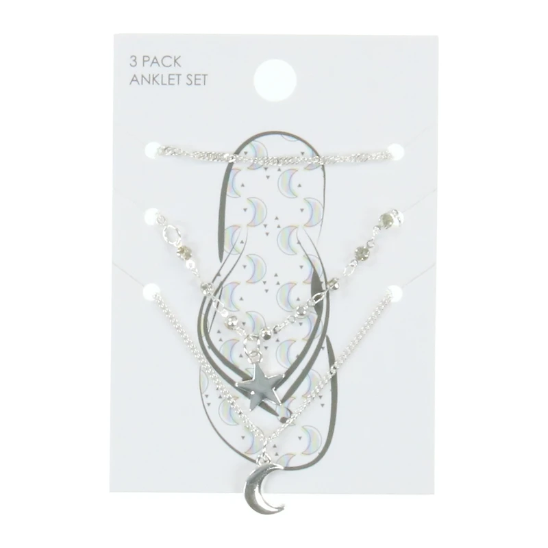 moon & star silver anklets set 3-count