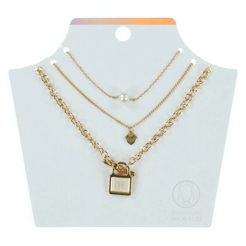 lock & heart gold layering necklaces 3-count set