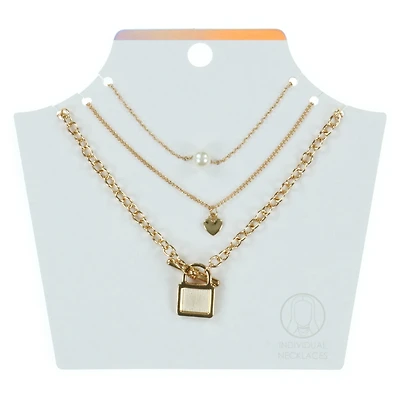 lock & heart gold layering necklaces 3-count set