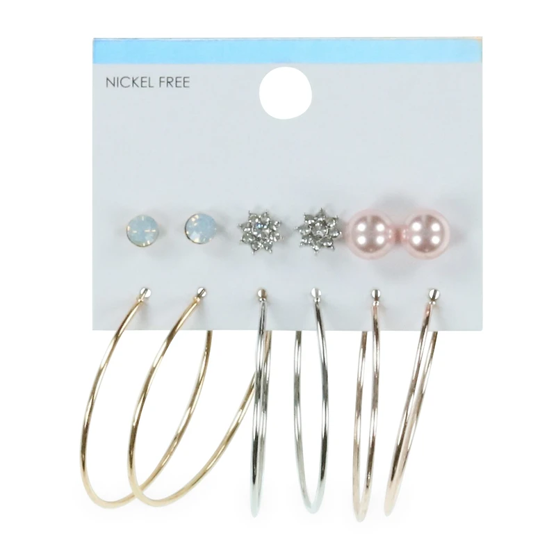 faux diamond & pearl studs & hoop earrings 6-pair set