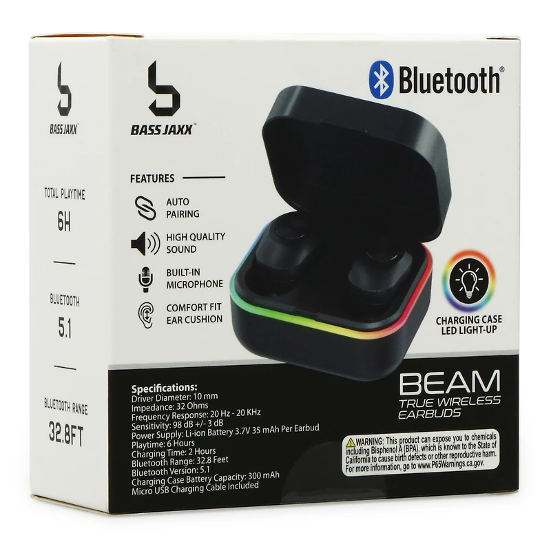 beam bluetooth® earbuds with mic & LED light up charging case