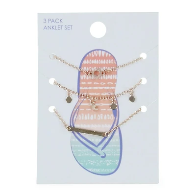 rose gold charm anklets set 3-count