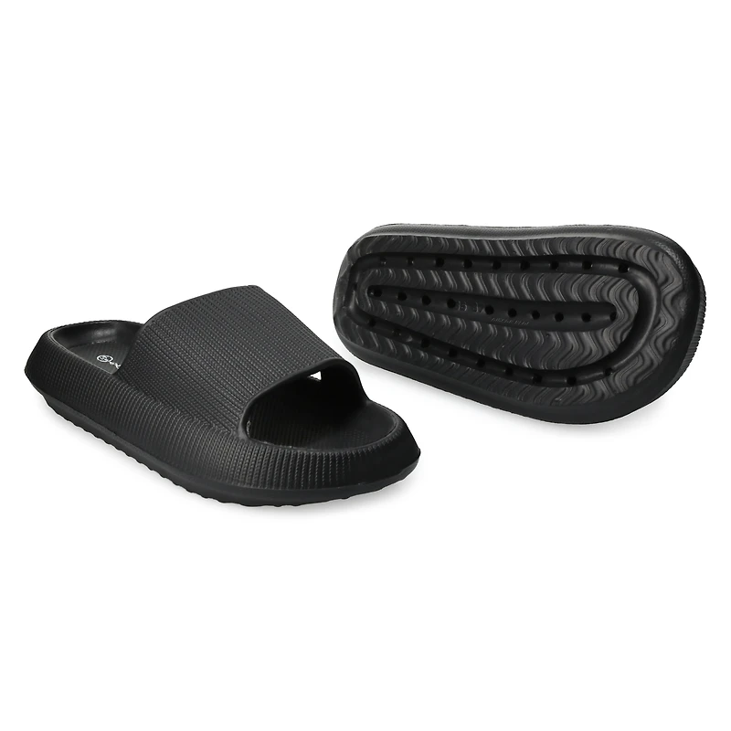 ladies black puff slide sandals