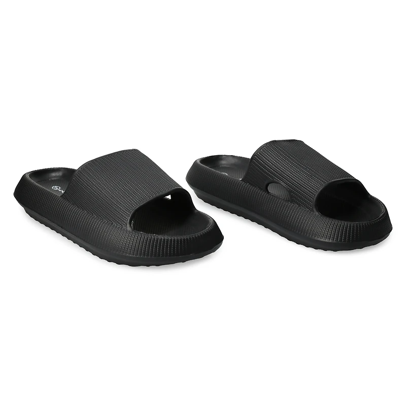 ladies black puff slide sandals