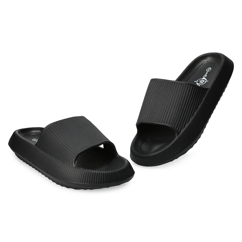 ladies black puff slide sandals
