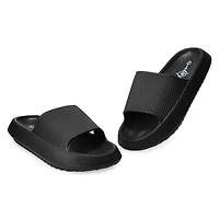 ladies black puff slide sandals