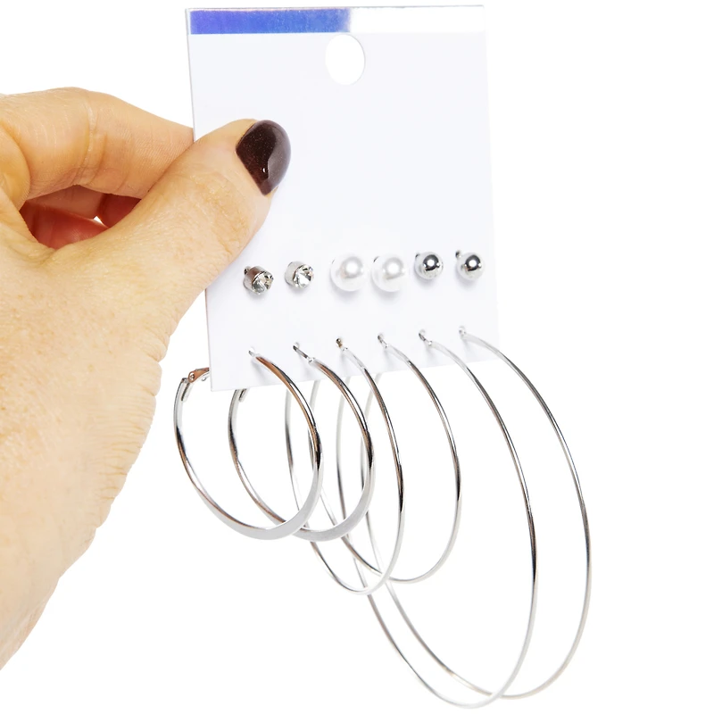 silver hoops & stud earrings 6-pairs