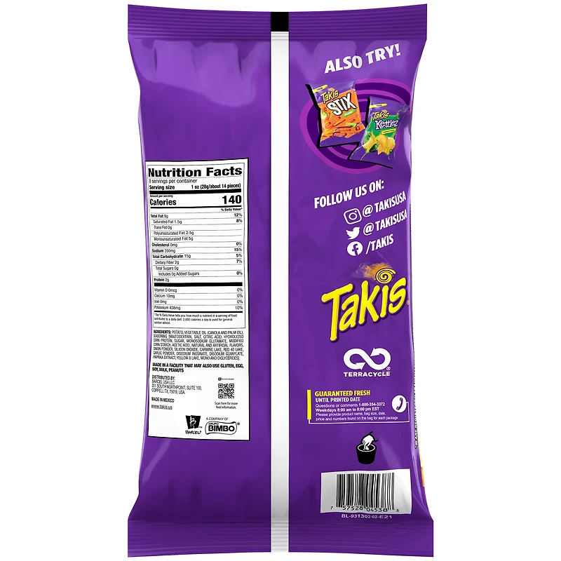 Takis waves fuego, hot chili pepper and lime artificially flavored potato chips, 8oz bag