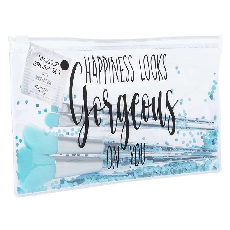 4-piece pink makeup brush & glitter travel pouch set