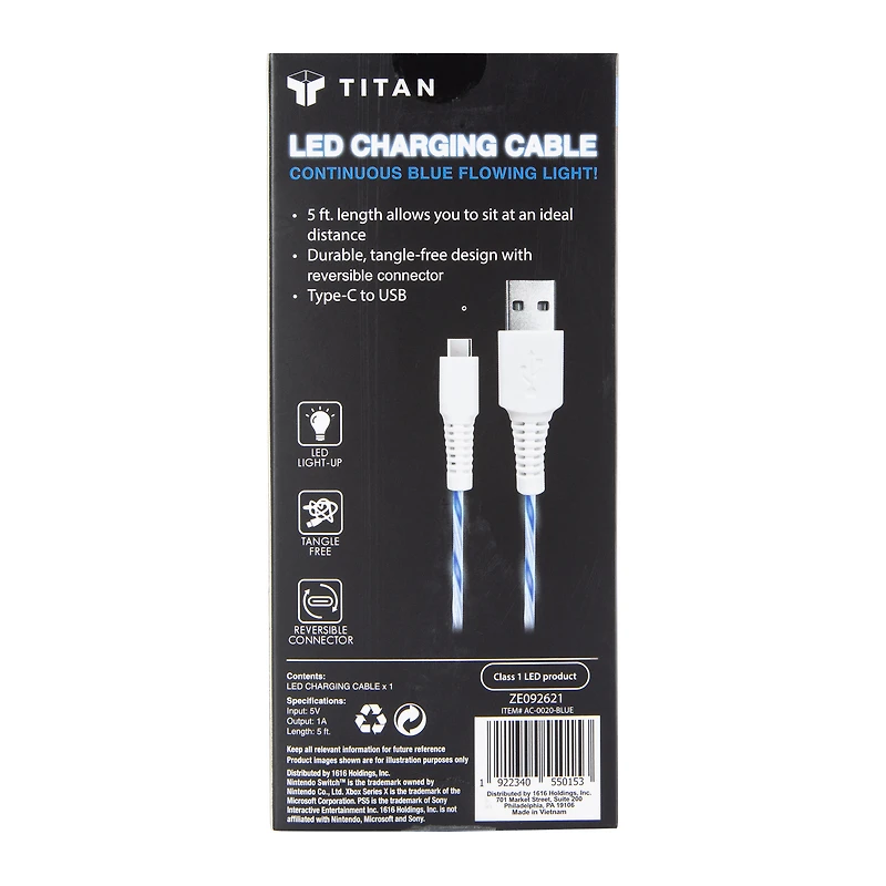 5ft LED USB-C charging cable for gaming controllers