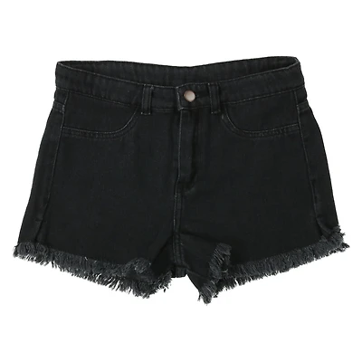 black denim shorts with frayed hem