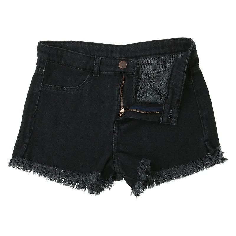 black denim shorts with frayed hem