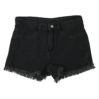 black denim shorts with frayed hem