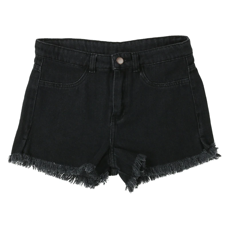 black denim shorts with frayed hem