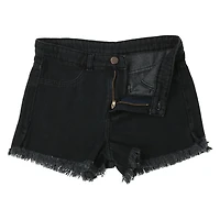 black denim shorts with frayed hem