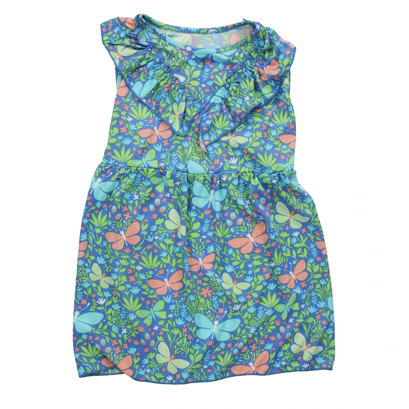 blue butterfly print pet dress with ruffle