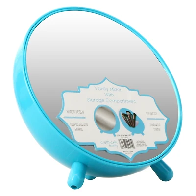 round navy vanity mirror with makeup brush storage