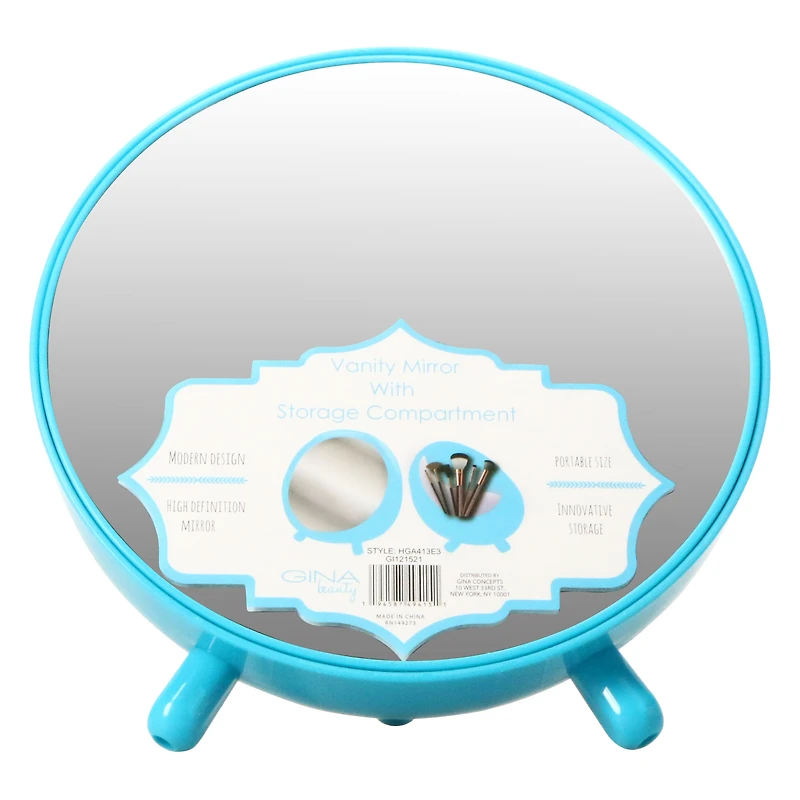 round navy vanity mirror with makeup brush storage