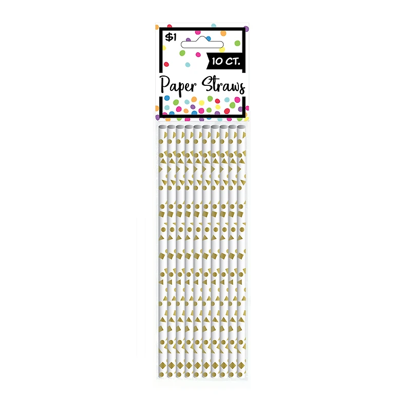 Gold Foil Geometric Print Paper Straws 10-Count