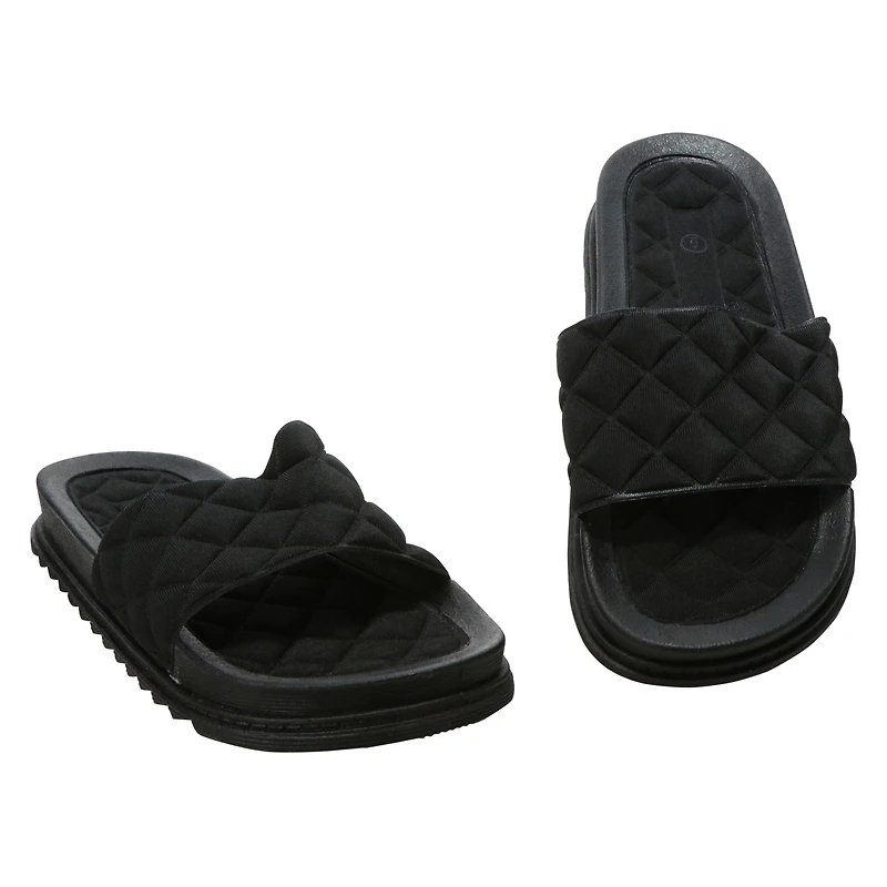 ladies green quilted slide sandals
