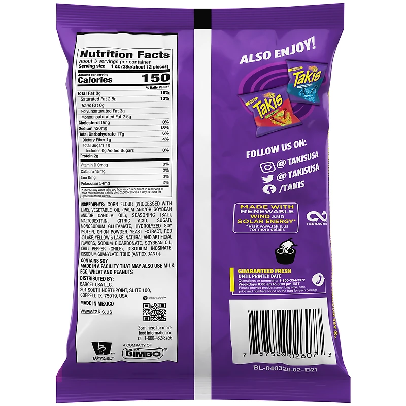 Takis fuego rolled tortilla chips, hot chili pepper and lime, 3.2oz bag