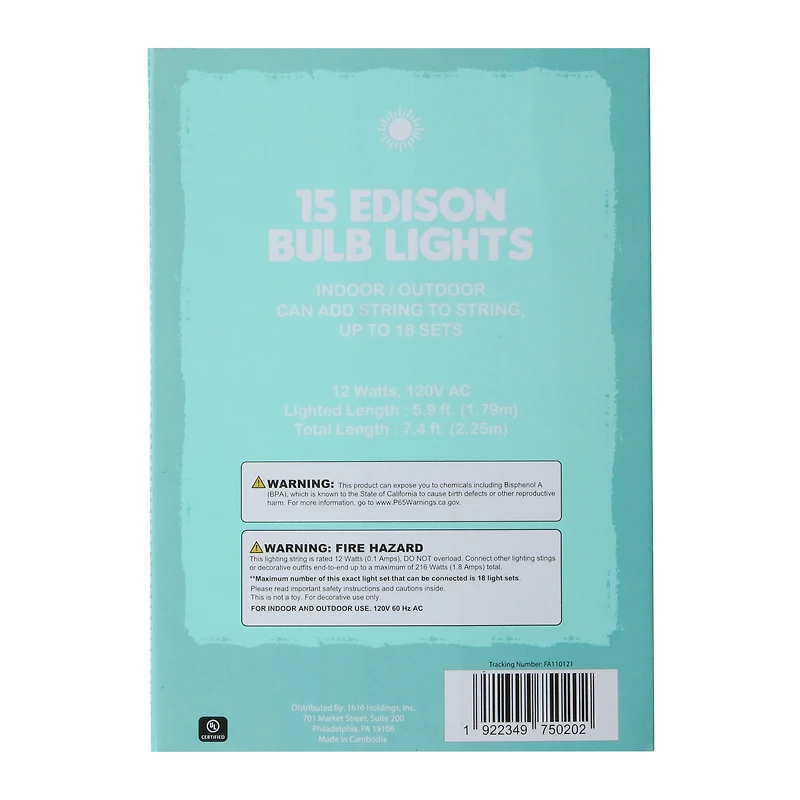 15-Edison Bulb String Lights For indoor & Outdoor 7.4ft - Clear