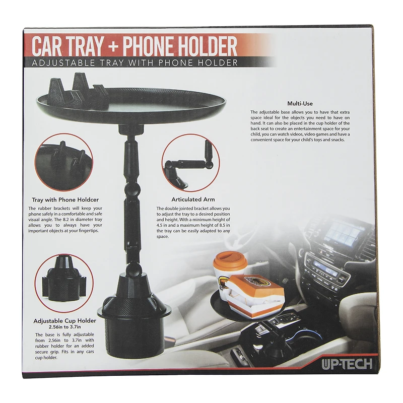 adjustable car tray + phone holder for car cup holder