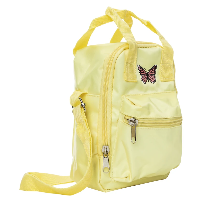 yellow super mini sling bag with embroidered butterfly icon 6in x 8in