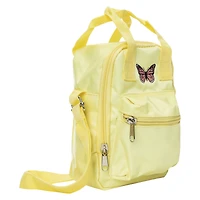 yellow super mini sling bag with embroidered butterfly icon 6in x 8in
