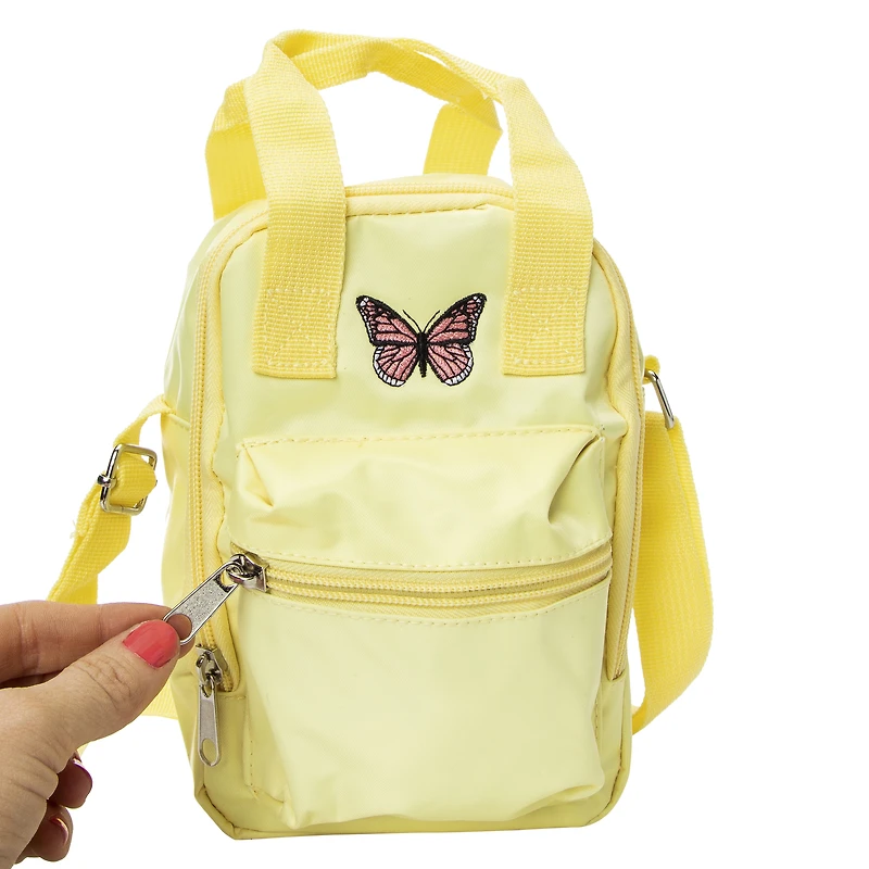 yellow super mini sling bag with embroidered butterfly icon 6in x 8in