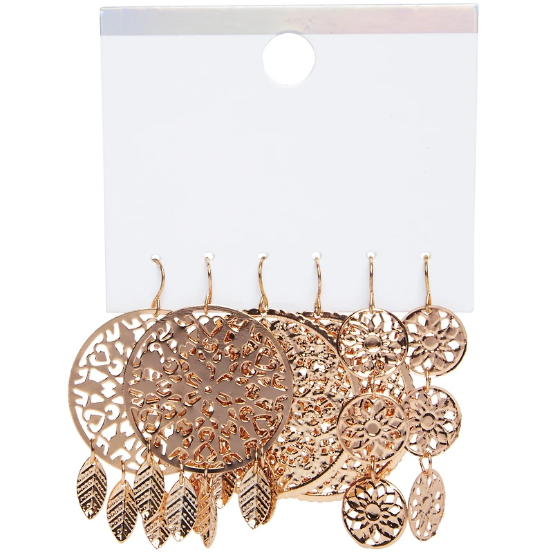 rose gold mandala dangle earrings set, 3 pairs | F ive Below