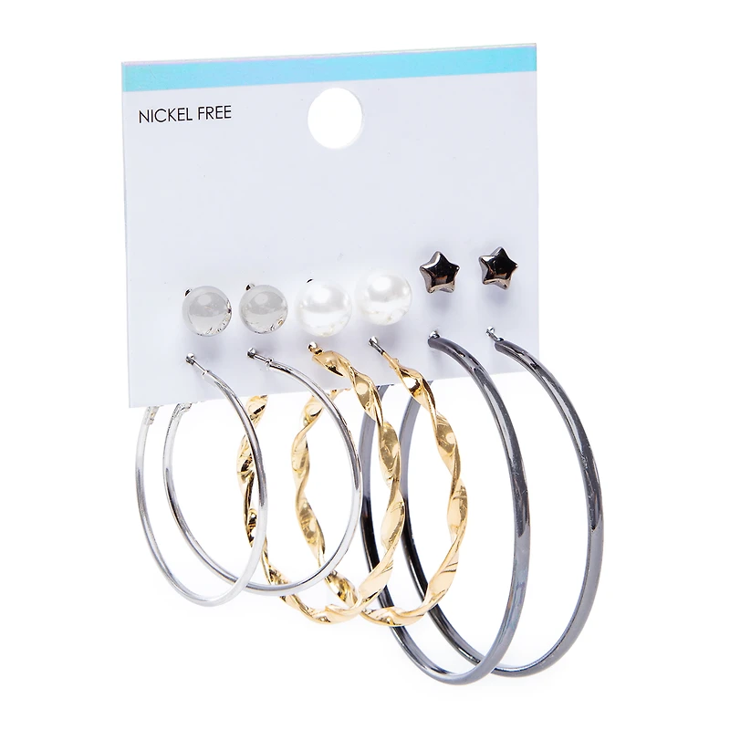 mixed metal studs & hoop earrings set, 6 pairs