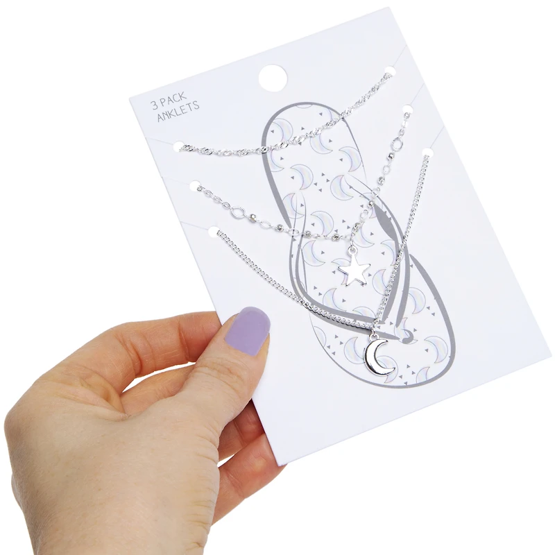silver moon & star anklets 3-piece set