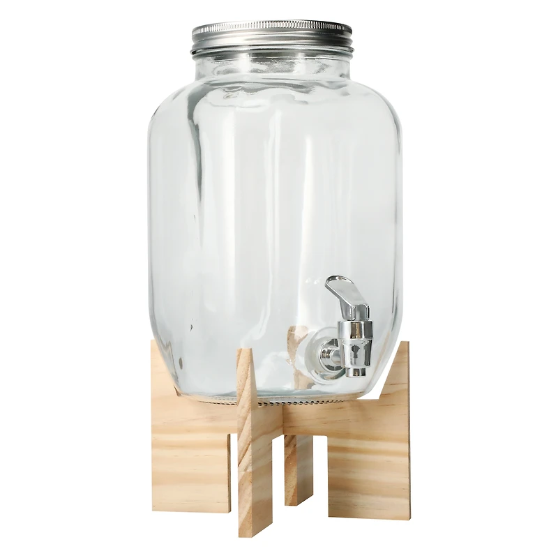 glass jar drink dispenser with wooden stand 13in