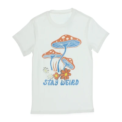 'stay weird' mushroom graphic tee
