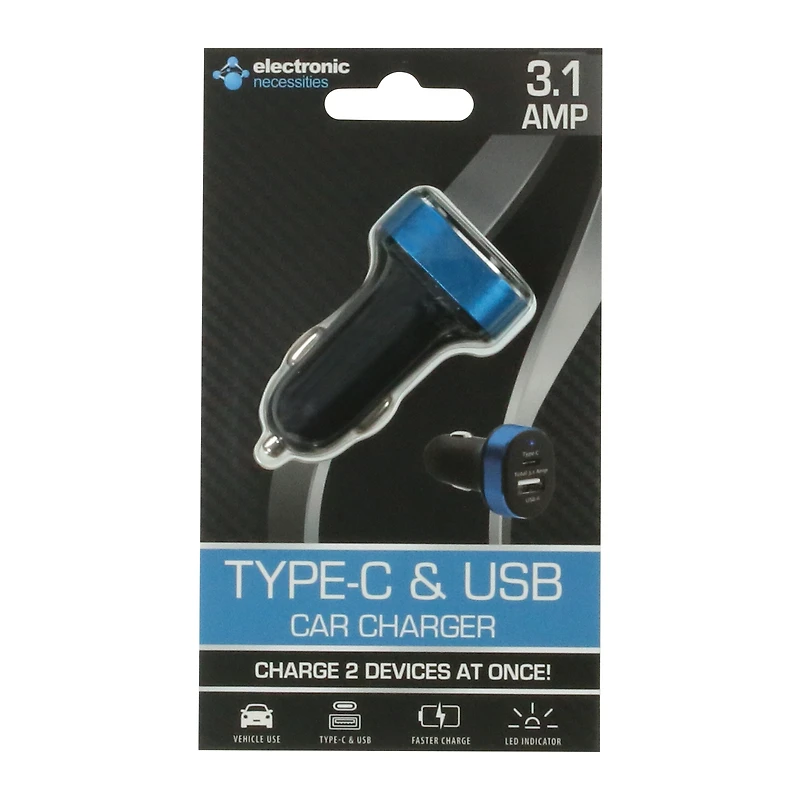 Dual Type-C & USB-Car Charger 3.1Amp