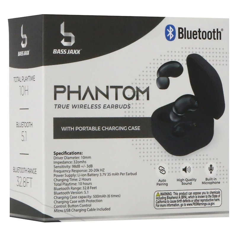 phantom bluetooth® earbuds with mic & portable charging case